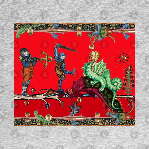 WEIRD MEDIEVAL BESTIARY  WAR, KNIGHTS COMBATTING AGAINST HYBRID DRAGON IN RED by BulganLumini